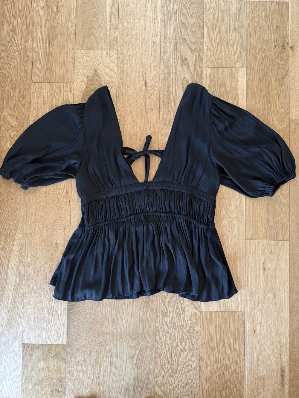 dolan Noir V-Neck Puff Sleeve Smocked Peplum Top